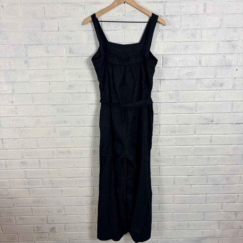 Quince Linen Jumpsuit Womens S Black Wide Leg Square Neck Sleeveless Belted